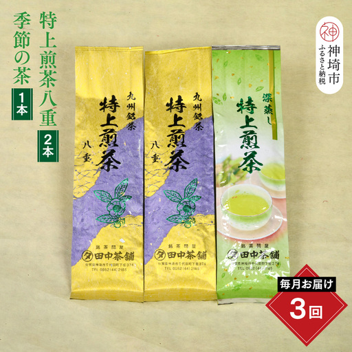 【毎月お届け3回】特上煎茶八重2本と季節のお茶1本(合計100g×3本)(H047128)