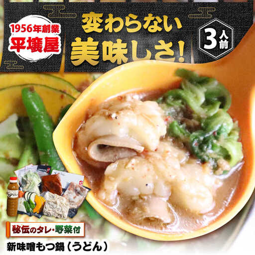 【全国放送されました】 新味噌もつ鍋うどんセット 3人前 野菜有り 追加たれ付き 吉富町/焼肉・もつ鍋平壌屋[BGBU008]