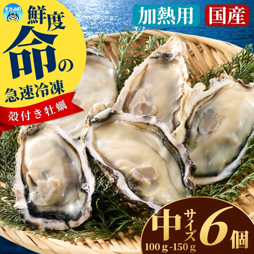 国産 急速冷凍牡蠣 加熱用 中サイズ 6個 / 牡蠣 殻付き 海鮮 かき カキ 冷凍 【mix009】