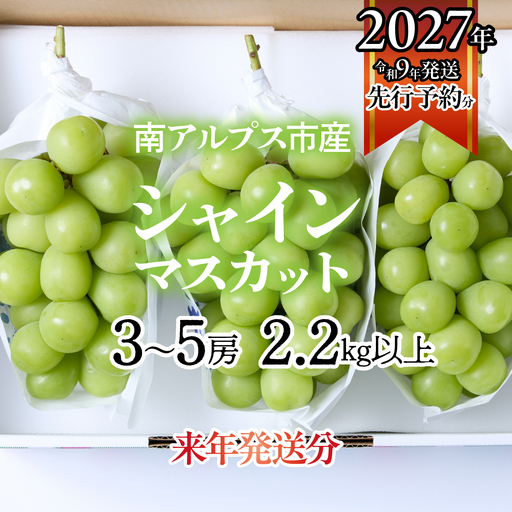 ★フジテレビ系列「ノンストップ」で取り上げられました！★＜2027年発送先行予約＞南アルプス市産シャインマスカット2.2kg以上（3～5房）　クール便発送 ALPAG011
