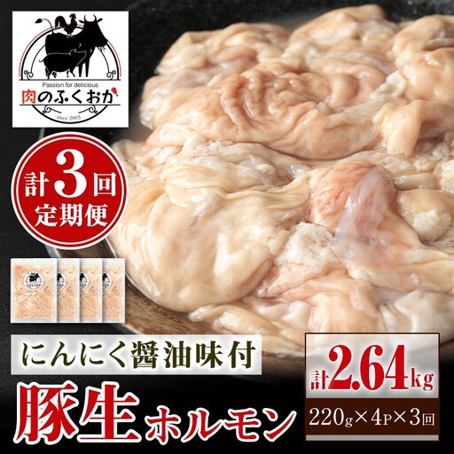 [定期便・全3回]豚生ホルモンにんにく醤油味付(計2.64kg・220g×4P×3回) 鹿児島 豚肉 ホルモン 生 にんにく 醤油 おかず 加工品 味付け おつまみ 小分け パック 冷凍 冷凍食品 お弁当[肉のふくおか]