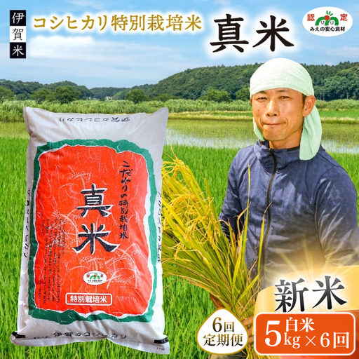 お米 伊賀米コシヒカリ 令和8年産新米 特別栽培米「真米」白米5kg ×6回お届け定期便【ymnk-tkb0003】