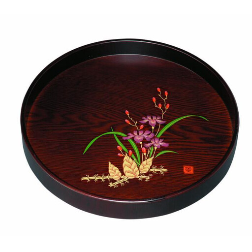 木製丸盆 深型 黒檀杢 山路(金蒔絵・盛絵) [YG471]