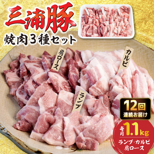 【12回定期便】 豪華 三浦豚 1.1kg 焼肉セット 肩ロース カルビ ランプ / 恵那市 / あづま精肉店 [AUDL020]