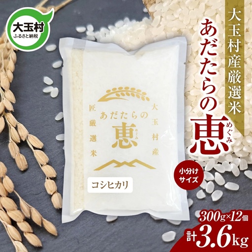 米 大玉村産厳選米「あだたらの恵」（品種：コシヒカリ） 3600g（300g×12個） 3.6kg 小分け 梱包 《 令和7年産  》｜ 福島 大玉村 お米 こしひかり 令和7年 精米 白米 こめ コメ 送料無料 大玉村農業振興公社 ｜ on-ak-3600g-r7