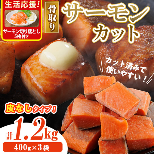 生活応援 サーモン切り落とし5枚付き!骨取り 皮なし サーモン カット(計1.2kg・400g×3袋) 小分け 魚 冷凍 [AW-79][丸正水産]