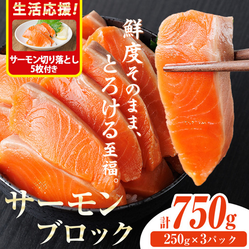 生活応援 サーモン切り落とし5枚付き！生食用 サーモン ブロック(計750g・250g×3P) 小分け 冷凍 魚 【AW-99】【丸正水産】