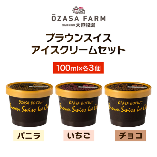 大笹牧場 ブラウンスイス アイスクリーム 3種詰め合わせ (バニラ／いちご／チョコ) [0844]