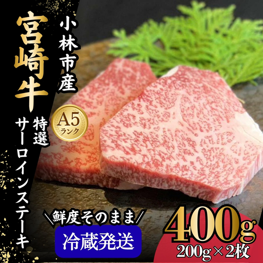[新鮮チルド発送!!]A5等級宮崎牛特選サーロインステーキ 2枚 400g(黒毛和牛 牛肉 宮崎牛 A5 サーロイン ステーキ 焼肉 宮崎県)