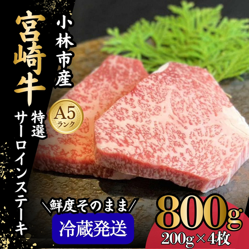 【新鮮チルド発送!!】A5等級宮崎牛特選サーロインステーキ 4枚 800g（黒毛和牛 牛肉 宮崎牛 A5 ステーキ サーロイン 焼肉 宮崎県）