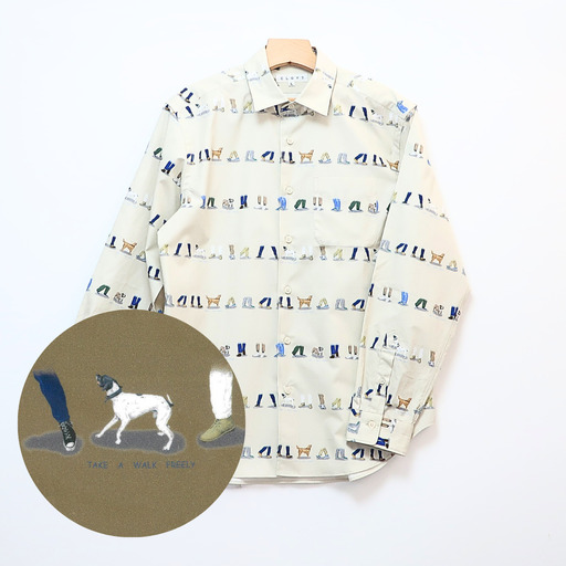 CLOFT 綿100%長袖プリントシャツ"自由に歩こう"犬と散歩柄(C/#31ライトベージュ) L 0139-021-S07-2
