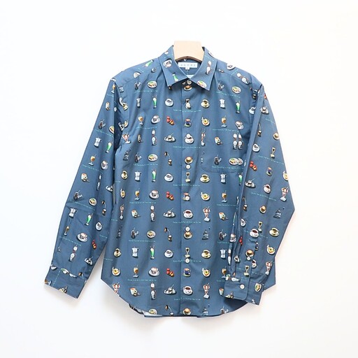 CLOFT 綿100%長袖オリジナルプリントシャツ"憩い"喫茶店柄(C/#17ダークネイビー) XL 0139-020-S07-6