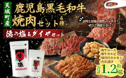 鹿児島 黒毛和牛 焼肉 セット（ 4種 盛り ） 計約1.2kg 徳の塩 ・ ダイヤ セット 計約230g 総計約1.43kg 【セット】 天城町産 鹿児島育ち 黒毛和牛 和牛ロース 和牛カルビ 国産 鹿児島県 天城町
