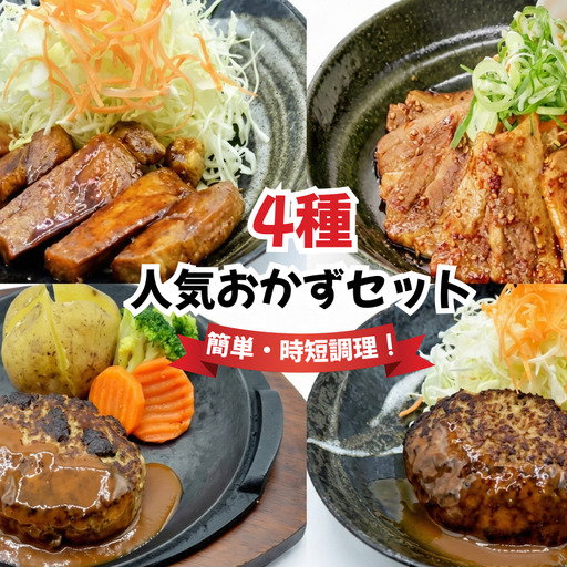 定食屋の人気おかず4種セット( ハンバーグ ロース とんてき 豚バラ肉 ) 冷凍 京都 八幡 ずんべら屋