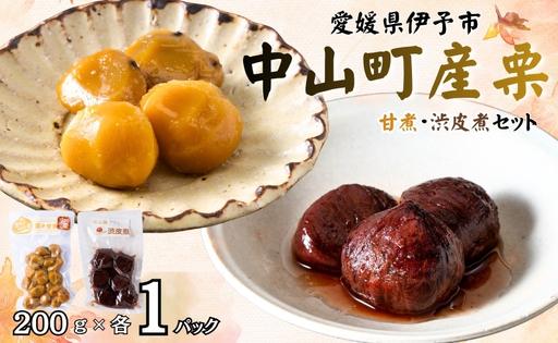 中山町産栗 甘煮 200g×1パック 渋皮煮 200g×1パック 計2パック 真空包装 栗 くり クリ 愛媛 着色料不使用 無添加 ゆうパケット 少量パック 手作り デザート おやつ きんとん お正月 国産 伊予市｜B522