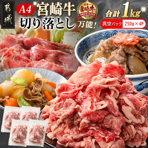 宮崎牛切り落とし1kg(真空)〔MJ-89-006-1000g-s〕_(都城市) 牛肉 国産黒毛和牛 ブランド牛切り落とし肉 1キロ 小分け 真空パック 牛丼 炒め物に