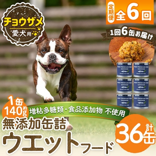 a1067-E 【6回定期便】＜増粘多糖類・食品添加物不使用＞愛犬用無添加缶詰 チョウザメ ウェットフード6缶×6回(1缶約140g・合計約5.04kg)【Nフードサービス】姶良市 チョウザメ ペット おやつ ごはん 間食 ご褒美 ペット関係 常温 常温保存