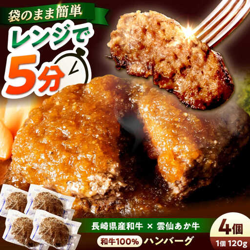 [レンジ調理]和牛100%ハンバーグ4個 長崎県産和牛と希少あか牛(A4またはA5ランク) 長与町/炭火焼肉あおい[EBW076] ハンバーグ 電子レンジ