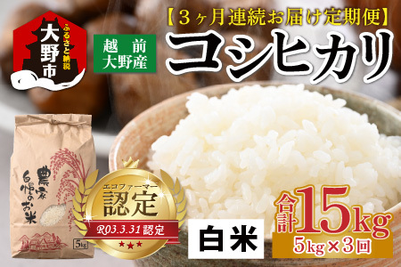 [先行予約][令和8年産 新米][3ヶ月定期便][白米]越前大野産 エコファーマー認定農家栽培こしひかり 5kg × 3回 計15kg [2026年10月より順次発送] [C-001007_01]