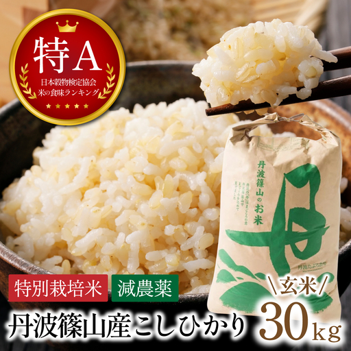 寄付額改定〈スピード出荷〉減農薬 特A 玄米 30kg 丹波篠山産 特別栽培米 こしひかり