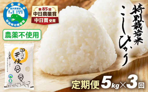 【中日賞受賞】《3ヶ月定期便》農薬不使用 こしひかり 5kg×3ヶ月連続 計15kg 特別栽培米コシヒカリ【精米】福井県認証区分1取得「田んぼの天使」 [e10-f003]