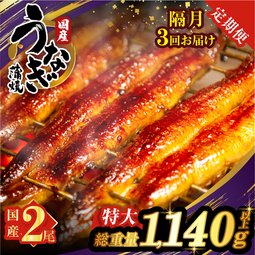 [3回隔月定期便]うなぎ蒲焼特大2尾(さんしょう・たれ付き)総重量1140g以上 鰻 魚 魚介 加工品 国産_T026-0065-K