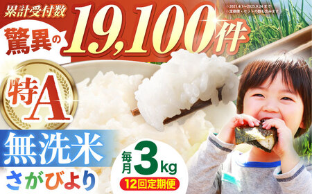 【全12回定期便】 さがびより 無洗米 3kg（3kg×1袋）【五つ星お米マイスター厳選】 特A米 特A評価[HBL097]