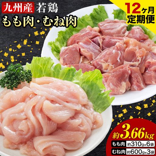 【12ヶ月定期便】 九州産若鶏もも肉（310g×6袋）・むね肉（600g×3袋）セット  鶏肉 お肉 モモ肉 もも肉 ムネ肉 むね肉 2種類 小分け 冷凍 九州産 国産 熊本県 菊池市 送料無料《お申込み翌月から出荷》