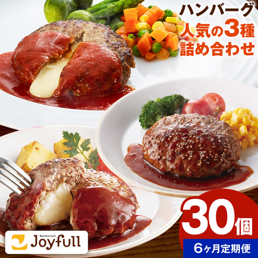 【6ヶ月定期便】ジョイフルハンバーグ 人気の詰め合わせ 30個 ソース付き 食べ比べ 3種類 セット