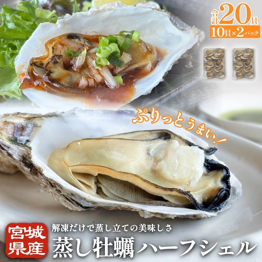 宮城県産 蒸し牡蠣 ハーフシェル 10貝 2P セット （ 計20貝 ）  牡蠣 かき カキ 貝 加熱調理済 海鮮 魚介 魚介類 冷凍 宮城県 宮城 石巻市 石巻