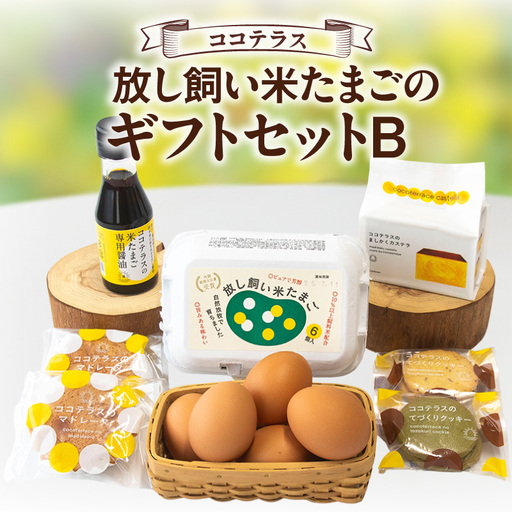 放し飼い米たまごのギフトセットB|放し飼い米たまご マドレーヌ クッキー ましかくカステラ たまご専用醤油