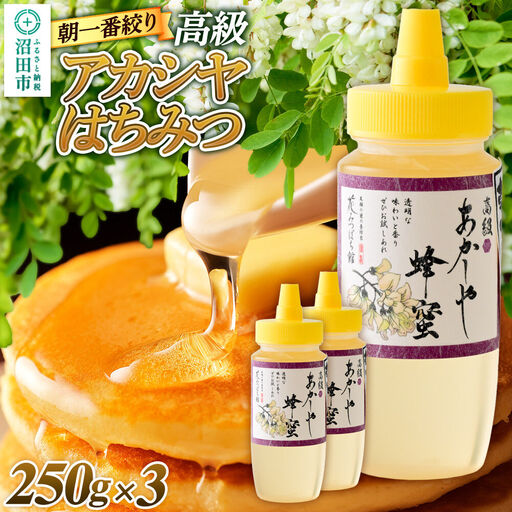 [満天☆青空レストラン紹介] 朝一番搾り! 高級アカシヤはちみつ 250g×3本 花みつばち館