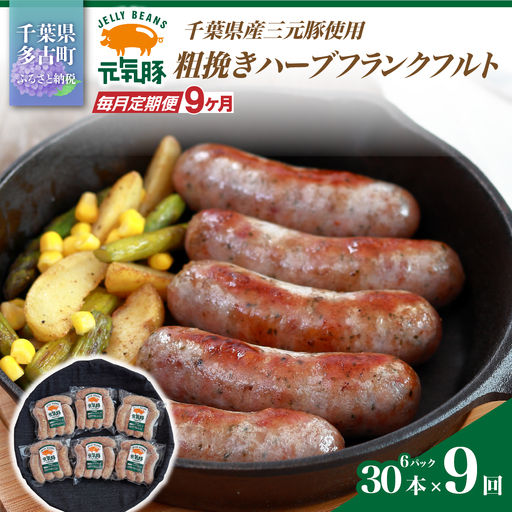【毎月定期便】元気豚 粗挽きハーブフランクフルト 30本セット 1.8kg(60g×30本)全9回_肉 ソーセージ・ウインナー 豚肉   定期便 定期便  _【配送不可地域：離島・沖縄県】 TAKB068