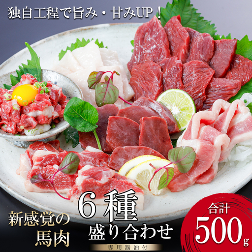 【阿蘇牧場】厳選 馬肉 盛り合わせ 6種 500g 赤身 フタエゴ ハツ サガリ ユッケ コウネ 特許製法 熟成 新感覚 旨みたっぷり 小分け 食べきり 専用醤油 タレ付 真空パック 熊本 阿蘇 小国町 チルド 冷凍 最大3ヶ月以内出荷