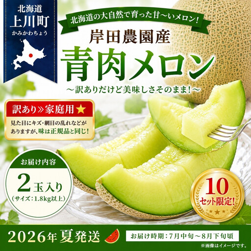 ≪訳あり≫家庭用★2026年夏発送★ 岸田農園産 青肉メロン 2玉入り(サイズ:1.8kg以上)【10セット限定】| メロン
