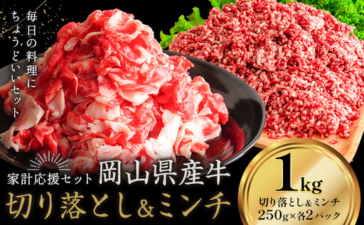 岡山県産牛 切り落とし ミンチ セット 1kg (各500g) 牛肉 ミンチ