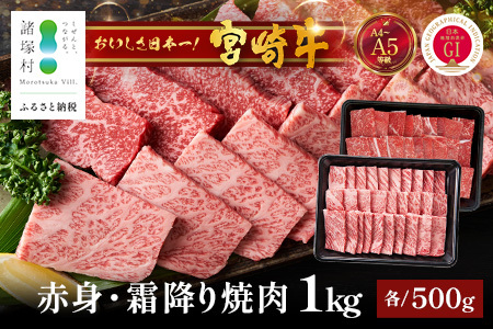 宮崎牛 赤身・霜降り 焼肉セット約500g×2P 計1kg［ウデまたはモモをお届け］焼肉 冷凍｜国産 牛肉 4等級以上 黒毛和牛 肉 お肉 ブランド牛 高級 株式会社ミヤチク 宮崎県 諸塚村 MY-10