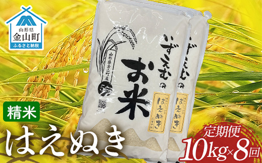 【先行予約】≪令和8年産米≫ 金山町産はえぬき 精米 定期便8ヶ月 10kg×8回 米 お米 白米 ご飯 精米 ブランド米 送料無料 東北 山形 金山町 F4B-0811