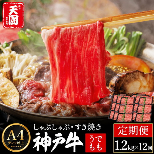 肉の天園 神戸牛 赤身モモ しゃぶしゃぶ・すき焼き定期便 1.2kg×12回 計14.4kg A4以上 冷凍