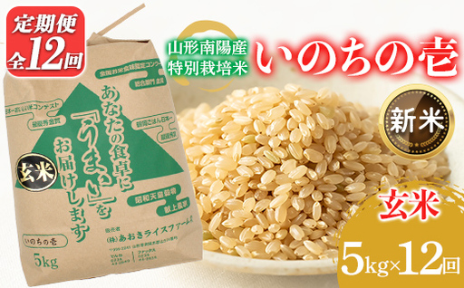 【令和8年産 新米 先行予約】 【金賞受賞農家】 《定期便12回》 特別栽培米 いのちの壱 (玄米) 5kg×12か月 《令和8年10月中旬～発送》 『あおきライスファーム』 山形南陽産 米 ご飯 農家直送 山形県 南陽市 [2642-R8A]