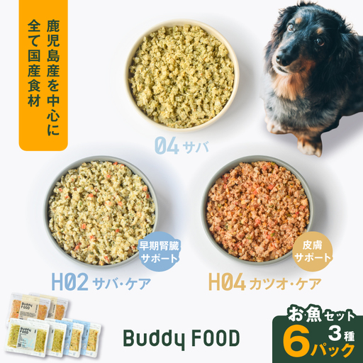 Buddy FOOD お魚セット 3種6パック（サバ、早期腎臓サポートサバ・ケア、皮膚サポートカツオ・ケア） K390-001_18 国産 魚 さば かつお ペットフード