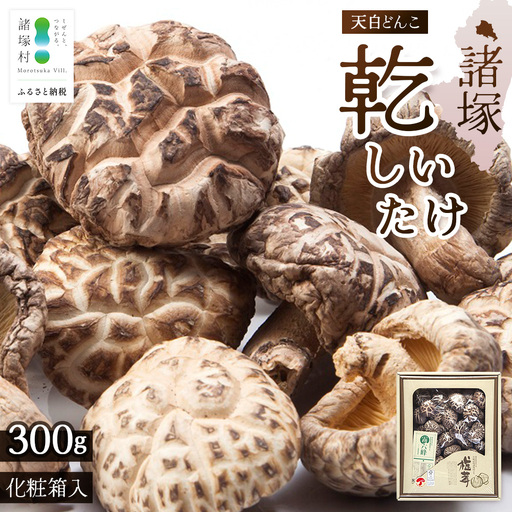 宮崎県諸塚村産 天白どんこ 約300g 化粧箱入り 常温｜干ししいたけ 椎茸 冬菇 肉厚 お煮しめ お鍋 網焼き 原木栽培 CoC認証（FSC®C001800） 高級 希少 もろっこはうす MO-28
