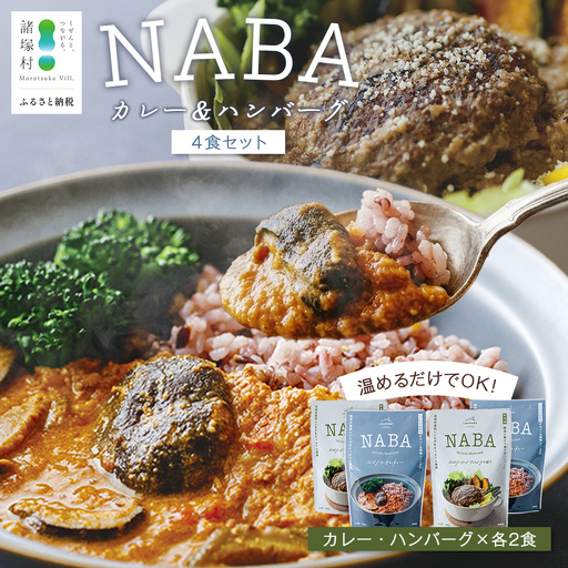 NABAカレー バターチキンカレー＆ハンバーグアンチョビソース掛け セット 2種各2食 計4食 常温｜レトルトカレー カレーライス なば しいたけ 椎茸 ハンバーグ アンチョビ レトルト 簡単調理 常備 備蓄 おかず アレンジ 家庭用もろっこはうす 宮崎県 諸塚村 MO-37