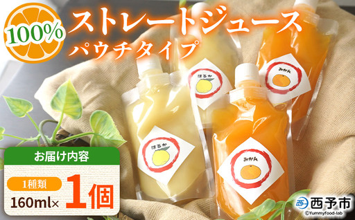 [100%ストレートジュース パウチタイプ 160ml×1個(1種類)]『1か月以内に順次発送予定』果物 くだもの フルーツ 柑橘類 みかん 蜜柑 ミカン みかんジュース 飲料 渡江から一歩を踏み出す会 愛媛県 西予市[常温]ATI0045