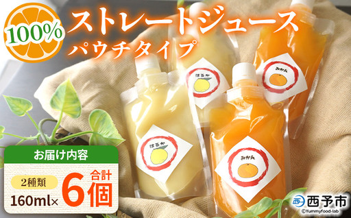 [温州みかん&はるか100%ストレートジュース パウチタイプ 160ml×各3個 計6個]『1か月以内に順次発送予定』飲み比べ セット 果物 くだもの フルーツ 柑橘類 みかん 蜜柑 ミカン みかんジュース 飲料 渡江から一歩を踏み出す会 愛媛県 西予市[常温]ATI0048