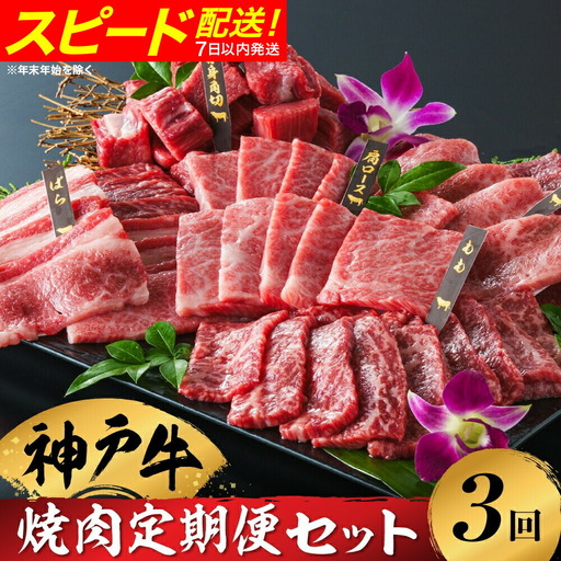 神戸牛 ボリューム焼肉セットを含む焼肉定期便 全3回 冷凍