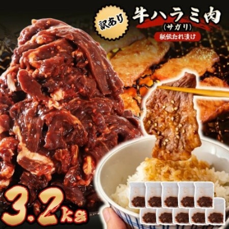 秘伝たれ漬け 訳あり 柔らか牛ハラミ(サガリ)肉 味付け合計3.2kg 小分け10パック[配送不可地域:離島]