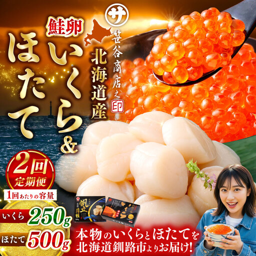 【2ヶ月定期便】 笹谷商店 新物 北海道産 いくら醤油漬け250g＆ほたて貝柱500g  お刺身 国産 イクラ イクラ醤油漬け 鮭いくら 鮭卵 ほたて貝柱 帆立 ホタテ ほたて 海鮮丼 詰め合わせ 海鮮 魚介 冷凍 グルメ 北海道 釧路市