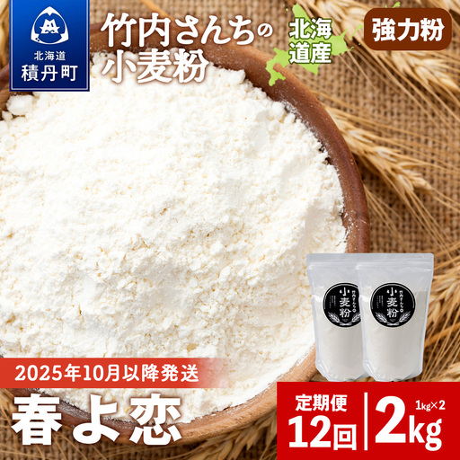 12ヵ月定期便 竹内さんちの小麦粉 強力粉【北海道 春よ恋  1kg×2袋 保存に便利なチャック付袋！】 小分け お菓子 パン