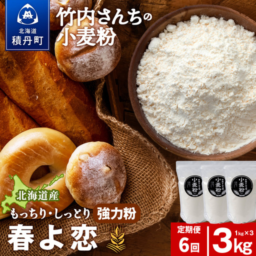 6ヵ月定期便 竹内さんちの小麦粉 強力粉【北海道 春よ恋 1kg×3袋 保存に便利なチャック付袋！】 小分け お菓子 パン